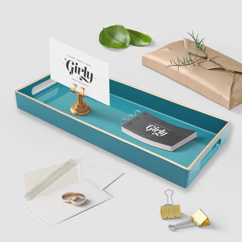 Teal Blue Vanity Tray with Handles, Decorative Tray Desktop Storage Organizer for Bathroom, Living Room, 5.9"*13.7" - color: T1535lb