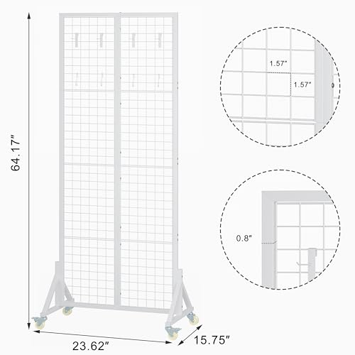 Rolling Gridwall Display Stand, 64.2" H x 23.6" W Wire Mesh Rack with Wheels, Metal Display Grid for Art Shows, Craft Fairs, Retail Boutique & Home Storage, White - color: White