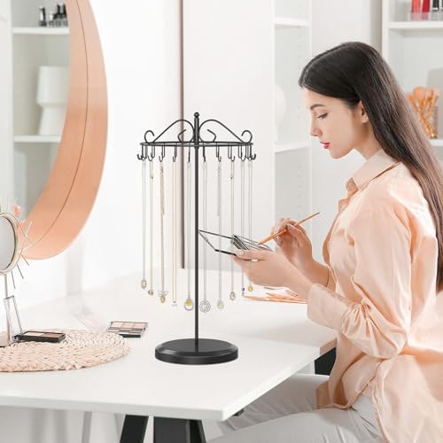 iDavosic.ly Rotating Necklace Holder Organizer with 24 Hooks, Adjustable Metal Bracelet Display Stand Rack, Extra Tall Keychain Spinning Tree Tower for Women, Black - color: Black - 1 Tier