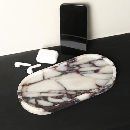 100% Natural Luxury Calaccata Viola Marble Small Hand Towel Tray Holder Organizer, Makeup Bathroom Holder - color: Viola-oval-10"x5"x0.7"