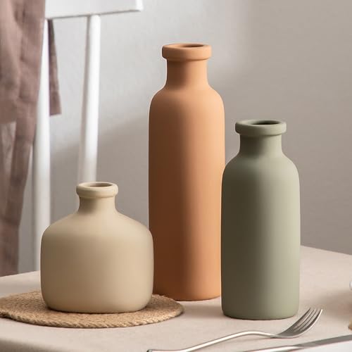 Ceramic Vase Set of 3 - Rustic Vases Set for Flower Centerpieces Pampas Grass - 3 Bud Vase for Decor - Modern Decoration Terracotta Vases for Home Farmhouse Table Office, Mini Pottery Vase by Lyeec - color: 202-3