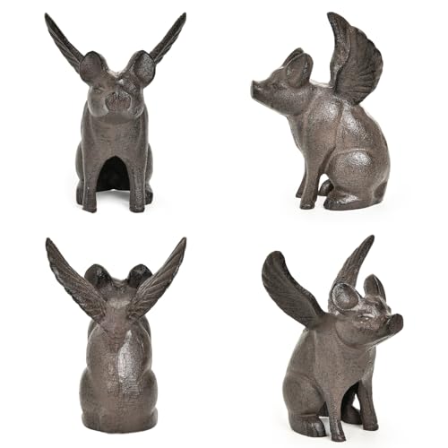 Sungmor Cast Iron Flying Pig Statue, Whimsical Sitting Pig Garden Decorative Statue, Rustic Black Brown Home Office Desk Paperweight Doorstop, Cute Collectible Figurine Bookshelf Ornament - color: Flying Pig