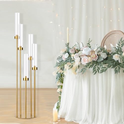 20PCS Gold Floor Candelabra,5 Arm Candle Holder Tall Floor Candle Holder with Acrylic Lampshade for Wedding Table Birthday Party Home Decoration Fit LED Taper Candles - color: Gold, size: 20pcs