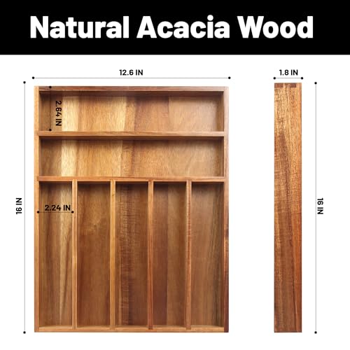 KITEISCAT Acacia Wood Silverware Organizer, Kitchen Utensil Drawer Organizer for Forks & Spoons, 7-Compartment Cutlery Tray, Flatware Holder - size: 7 Compartments