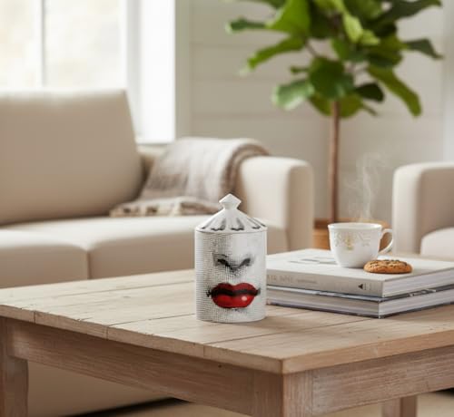 AlphaDesignLuxe Decorative Candle Holder Handcrafted Aromatherapy Candle Jar Italian Designer Décor Fashionable Tabletop Vase Modern Art Female Face Eyes Lips Centerpiece. (Red Lips)