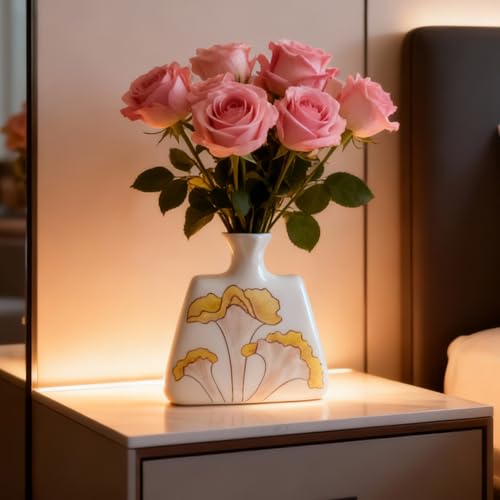 Modern Ceramic Flat Vase - 6.1" Small Decorative Flower Vase with Yellow Botanical Pattern - Boho Minimalist Home Decor for Bookshelf, Mantle & Desk
