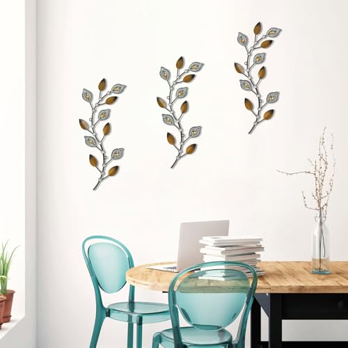 Cityelf 3 Set Crystal Leaf Wall Art Sculpture Iron Tree Leaves Branch Hanging Wall Décor Jeweled Bling Home Deor Acrylic Diamond Accent … - color: dark golden leaves set 3