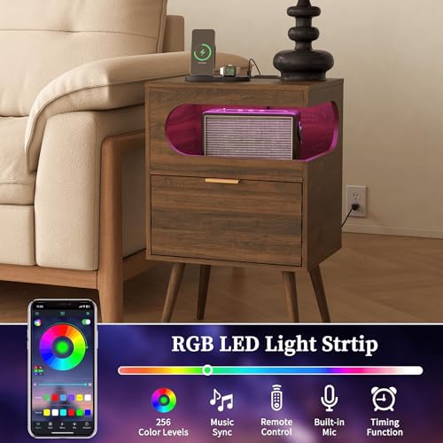 Veegle Nightstand,Modern Bedside Table with Storage Drawer and Open Wood Shelf, Accent Night Stand with Solid Wood Legs for Living Room, Bedroom and Small Spaces,Easy Assembly (Walnut Brown) - color: Walnut Brown