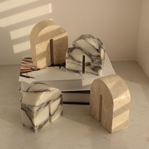 Set of 2 Natural Calacatta Viola Marble Bookends for Shelves, Decorative Book Ends for Heavy Books, Book Stopper Office Bookshelf Decor for CDs/Video Games