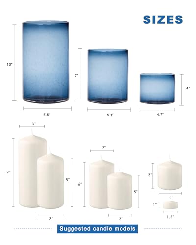 ARIAMOTION Glass Hurricane Candle Holders Bulk for Pillar Blue Seeded Bubbles Cylinder Table Centerpiece Modern Rustic Vases Home Decor 10" 7" 4" Set of 3 - color: Bubbles Blue, size: H10", H7", H4" Set of 3