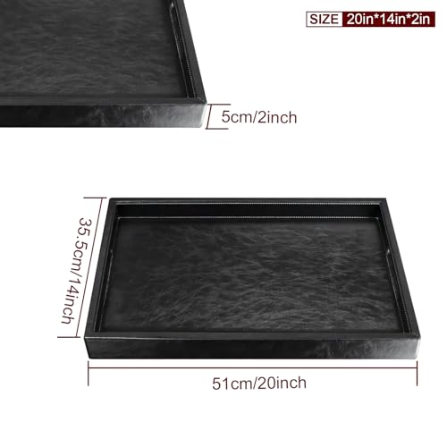 20 * 14 inches Leather Rectangle Serving Tray with Hole Handles,High-End Light Large Service Tray for Ottoman Tray, Tea, Food, Butler - Countertop, Kitchen,Family Dinner, Picnic (Black) - color: Black, size: 20" x 14" x 2"