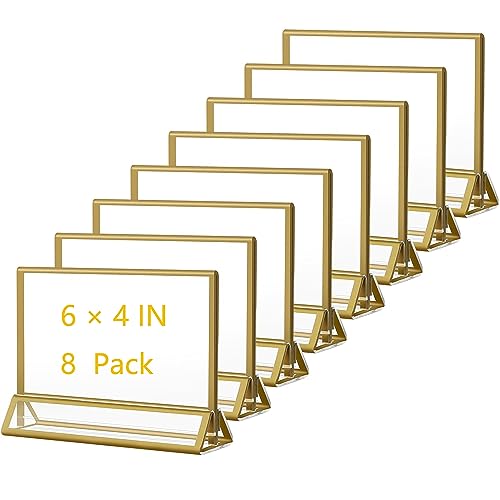 Acrylic Sign Holders Golden Border 8 Pack 6x4 Wedding Table Number Frames Double Sided Table Menu Stands with Horizontal Stand, Photos and Art Display