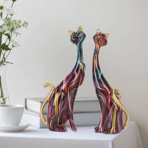 Tyenaza 2Pcs Oil Painting Cat Statues, Colorful Cat Statue, Abstract Couple Resin Cat Figurines Cat Sculpture for Bedroom Office Desktop Decoration(KY146) - size: KY146