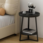 Gadroad Round End Table with Storage Shelf, 2 Tier Farmhouse Side Table Nightstand for Living Room, Bedroom, Wood Tabletop & Black Metal Frame, Black 15.7 * 15.7 * 23.0inches - color: Black, style: No Charging Station