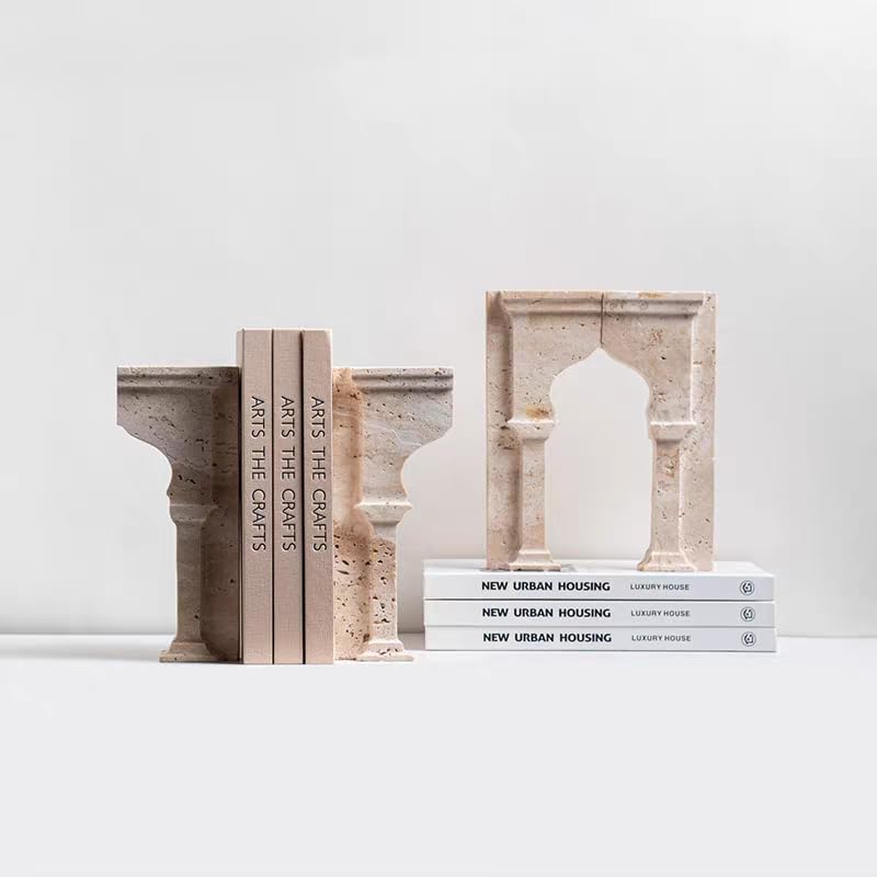 Set of 2 Piece Modern Travertine Bookend, Arc de Triomphe Design, Natural Stone Book Holders for Desk and Shelf (2 pcs 1 Set -Arc de Triomphe) - color: 2 Pcs 1 Set -Arc De Triomphe