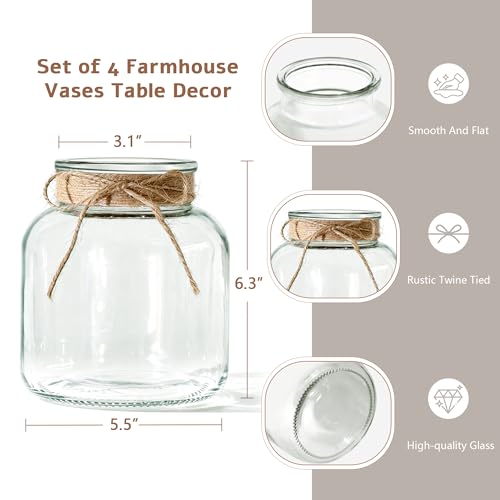 Houmury Glass Vases for Centerpieces Set of 4 Farmhouse 6 Inch Clear Large Vase Utensils Holder with Twine Ties Home Decor for Wedding Living Room Dining Table Office (4)