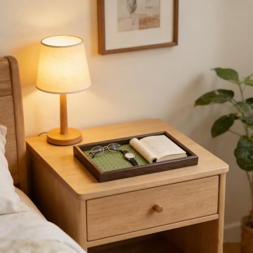 Wooden Valet Tray with Leather Base, EDC Catch All Tray Nightstand Entryway Table Vanity Organizer 11.8x7.9, Green - color: Green