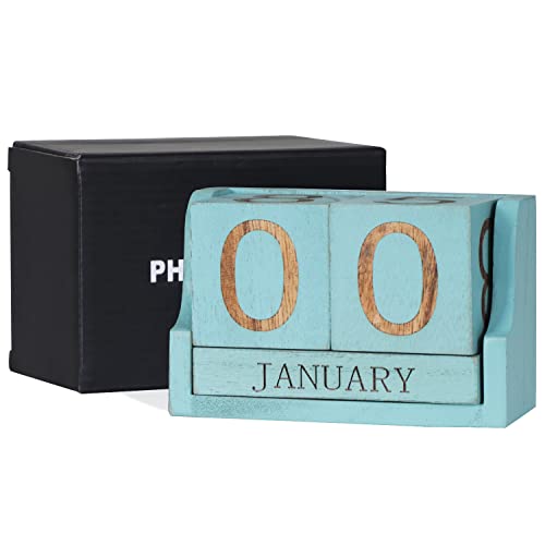 Wooden Desk Calendar,Desk Calendar Blocks for Teachers,Office Perpetual Date Block Small Home Desktop Decor Chic Vintage Month with Number Cubes Display Rustic Decoration(Ocean Blue) - color: Rustic Ocean Blue