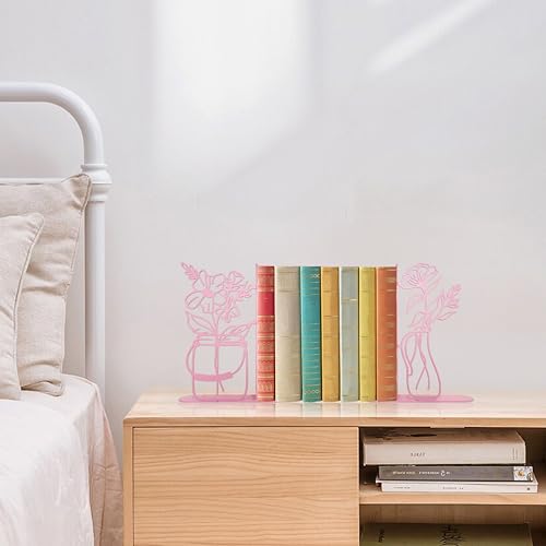 Metal Flower Vase Bookends, Cute Book Ends for Office Home Decor Decorative BookEnds for Shelves, Ideal Gift for Book Lovers(Pink) - color: Pink