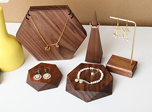 GemeShou 2pcs Wooden Jewelry display tray, Hexagon jewelry display riser, Jewelry retail shop photography props【Walnut Hexagon tray-2pcs】