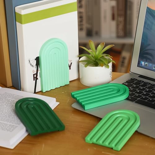 Harloon 4 Pcs Boho Arch Wooden Bookends, Decorative Rainbow Book Stoppers with Non-Slip Metal Base, 5x3x4 Inches, Cute Shelf Decor for Heavy Books, Home Office Study Desk Organizer(Green Color) - color: Green Color