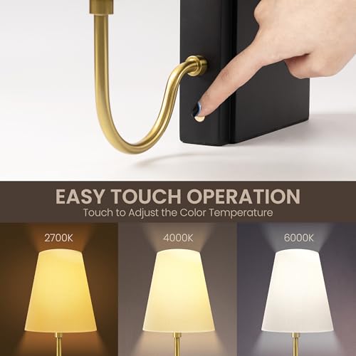 AELS Wooden Bookshelf Lamp with Bulb, Table Lamp with Linen Shade, 3-Color Dimmable Touch Control, Modern Decorative Bookend, Book Sconce for Office Home Bedroom Bookshelf, Black - color: Black, size: Plug-in Model