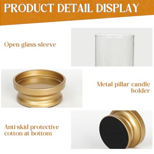 Gold Hurricane Candle Holders Set of 2 with Glass - Modern Pillar Candle Stands for Fireplace Mantel, Dining Table Centerpiece & Home Decor, 7.1" & 9" High