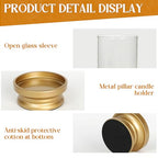 Gold Hurricane Candle Holders Set of 2 with Glass - Modern Pillar Candle Stands for Fireplace Mantel, Dining Table Centerpiece & Home Decor, 7.1" & 9" High