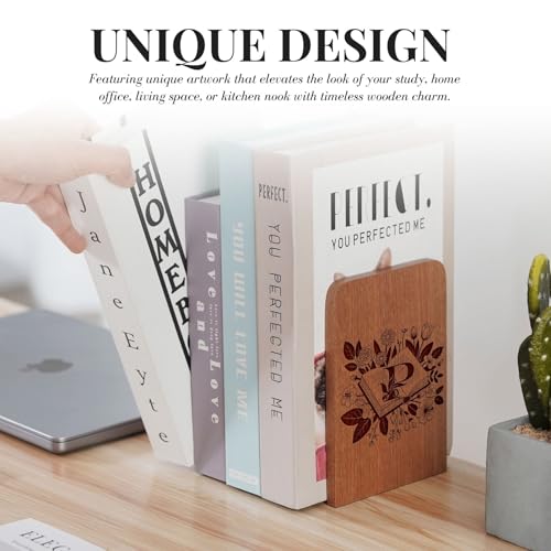 Wood Bookends, Book Ends for Shelves with Decorative Alphabet A and Z Design - Heavy Duty Iron & Ebony Wood Book Ends for Shelves Bookcase Desk - 1 Pair - P - color: P