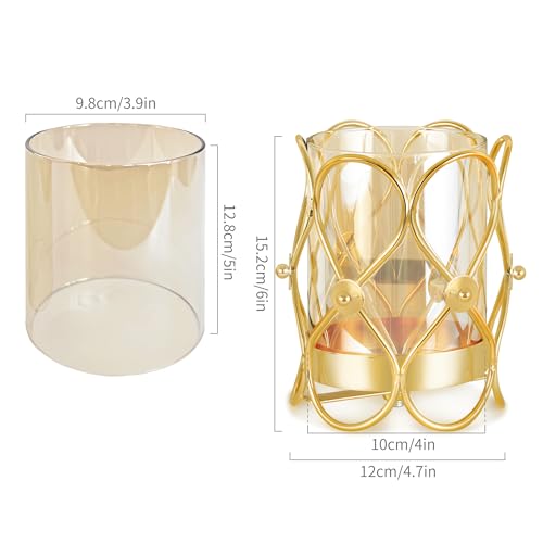 Hurricane Candle Holder, Gold Pillar Candle Holder with Geometric Decorative Accents & Windproof Glass Lid, Perfect for Weddings, Dinners, Parties & Special Events - size: 15cm