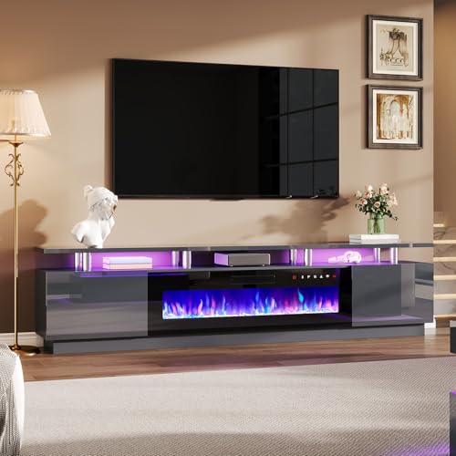 AMERLIFE 90" 2 Tier Fireplace TV Stand with 50" Fireplace, Modern Large Entertainment Center LED Lights, Media Console Table Storage Cabinet for TVs Up to 100", Living Room, Gray - color: Grey, size: 90"