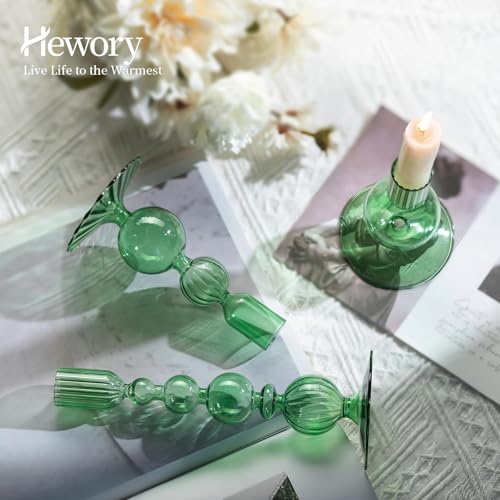Hewory Glass Candlestick Holders Set: 3PCS Green Candle Holder Taper Candle Holders Bulk, Crystal Ribbed Candle Sticks Holder Decor for Table Centerpiece Wedding Christmas Thanksgiving Dinner - color: Green