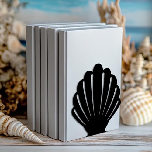 Peacoblue Metal Bookends for Shelves, Modern Decorative Heavy Duty Study Book Support Stoppers for Office, Desk, Shelf, Room 5.3"x4.3"x5.5" Cast Iron Simple Tall Bookends, 1 Pair (Shells) - style: Shells