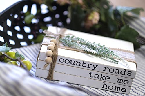 Lavender Inspired Decorative Books for Home Decor | Boho Chic Distressed Faux Books Set of 3 for Fireplace Mantle & Entryway Table Decor - color: Country Roads, Take Me Home
