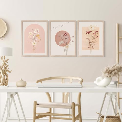 MochaMilly 3Pcs Framed Watercolor Flower Wall Art Wildflower Floral Wall Decor Pictures Botanical Canvas Wall Art Vintage Prints Boho Flower Painting Minimalist Floral Poster for Room Bedroom 12”x16” - color: Botanical Prints, size: 12"x16"