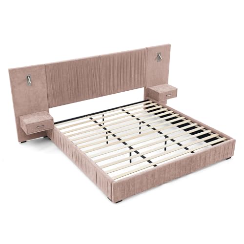 Luxury Queen Size Bed Frame with Oversized Upholstered Headboard, Modern Chenille Upholstered Platform Bed Frame with Gold LED Lights, Nightstands, No Box Spring Needed, Pink - color: Pink, size: Queen