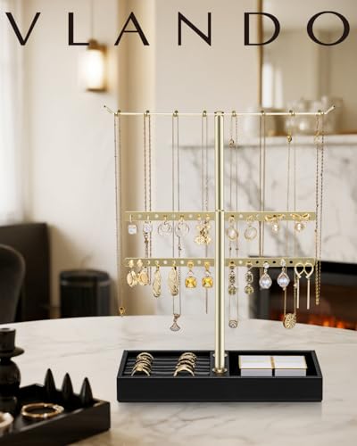 VLANDO 2 Tier Jewelry Stand Organizer with Tary, Leather Jewelry Holder Display for Women, Gold Jewlery Holder Stand for Necklace, Earring, Bracelet, Rings - Black - color: C.Black, size: 2-Layer