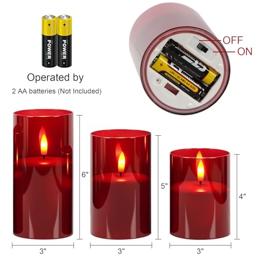GenSwin Glass Flameless Candles with Remote Battery Operated Flickering LED Pillar Candles Real Wax 3D Wick for Wedding Festival Home Decoration(Red,Pack of 3) - color: Red