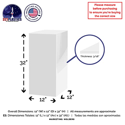 Marketing Holders Tall Acrylic Retail Display Box Cube Pedestal Art Sculpture Stand White Lucite Plinthe 12" x 12" x 32" Wedding Flower Tower One Piece Plexiglass Column