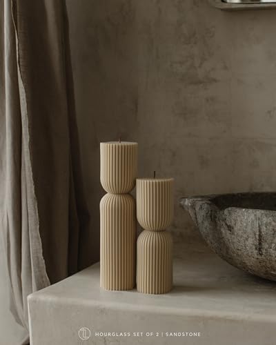 LAWA Hourglass Pillar Candle - Large Beautiful Handmade Pillar Scented Soy Wax Candle Elegant Bubble Aesthetic Candle Housewarming Gift Home Room Shelf Decor Idea Sandstone (Set of 2) - color: Sandstone