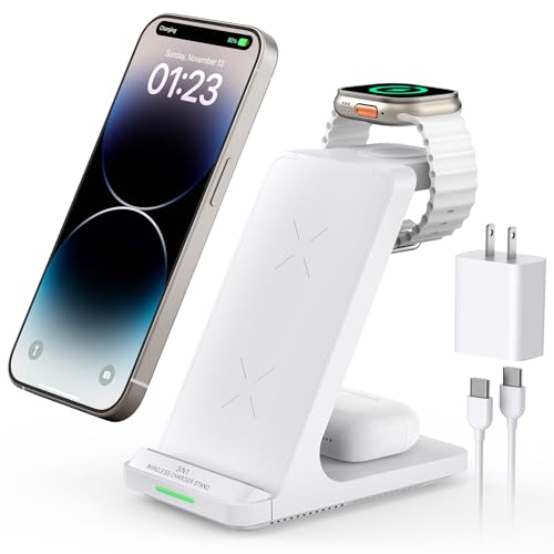 Wireless Charging Station, 3 in 1 Fast Wireless Charger Stand for Multiple Devices Apple Watch Ultra Series 11 10 9 8 7 6 SE 5 4 3 2, iPhone 17 16 15 14 13 12 11 Pro Max/Plus/Air/X/XS/XR/SE, Airpods - color: White