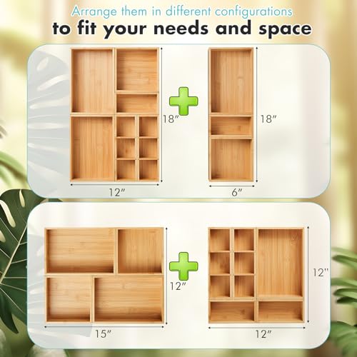 Fabsome Drawer Organizer, Set of 9 Bamboo Wood Kitchen Makeup Desk Junk Tea Drawer Storage Boxes Bins for Cutlery Silverware Utensils Flatware, Small Wooden Container Tray for Bathroom, Office - size: 2''H 9 Boxes