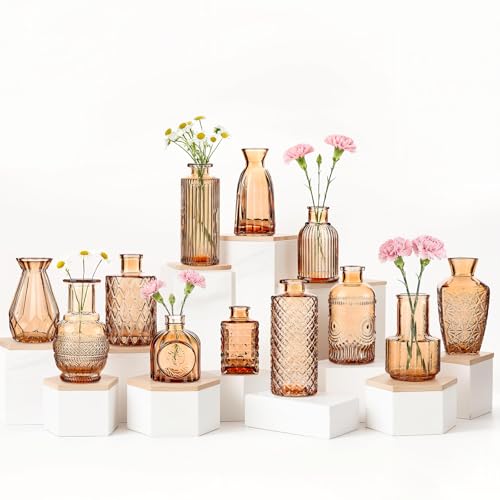 Bud Vases Set of 12, Small Mini Glass Vases for Centerpieces - Elegant Vintage Style - Perfect for Table Decor, Wedding, Party Centerpieces - Great Gift for Home Decor Lovers (Amber) - color: Amber-12pcs