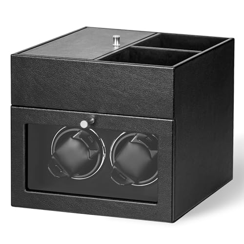 LLS Automatic Double Watch Winder with Storage Box, Japanese Quiet Motor, Adjustable Watch Pillows, Black PU Leather