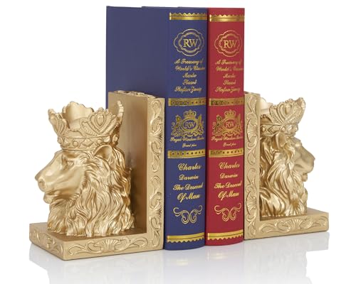 Lion Head Bookends with Regal Gold Design, Solid Resin for Heavy Duty Book Support, Non-Slip Pads for Stability, Gift for Lion Enthusiasts Collectors - color: Gold