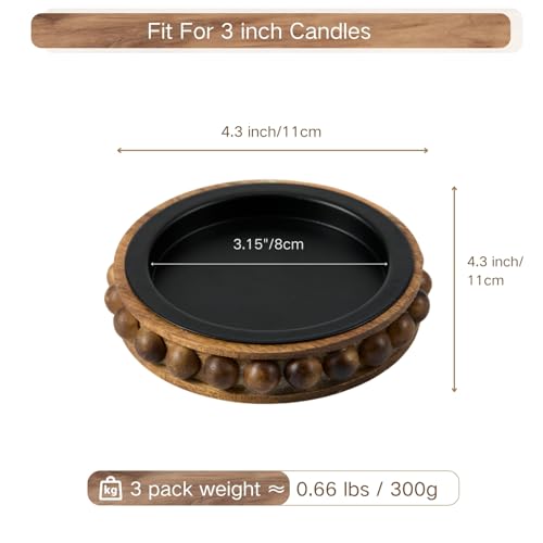 Wooden Candle Holders for Pillar Candles, Set of 3 Acacia Wood Beaded Plate with Metal Cup Inserts, 4 Inch Rustic Farmhouse Tray Stand for Fireplace Mantel, Table Centerpiece Decor - color: Acacia Wood