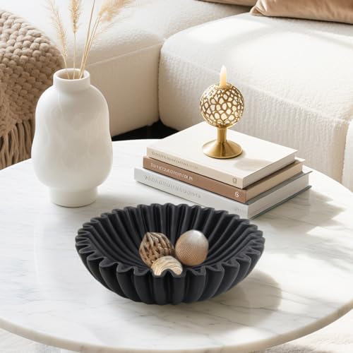 Large Modern Decorative Ruffle Bowl for Home Decor Fruit Bowl Organic Catch All Key Kitchen Entryway Shelf Coffee Table,Black - color: Black