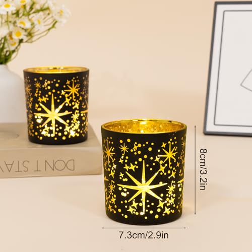 Votive Candle Holders Black and Gold, Glass Tealight Candle Holder Set of 3 with Stars Pattern, Vintage Tea Light Holders for Christmas Table Centerpiece Birthday Party Vanlentine's Day