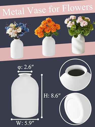 White Metal Vase, Modern Decorative Vase, Minimalist Tall Round Vase for Living Room, Bedroom, Entryway, Table & Shelf Decor, White Ceramic Look Metal Vase for Floral Arrangements - color: White