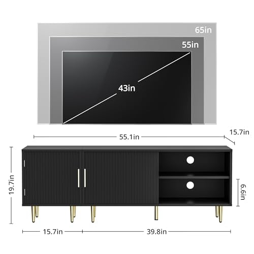 Housoul Combined Modern TV Stand for 55/60/65 inch TV, Small Fluted Entertainment Center with Adjustable Shelf, TV Media Stand with Storage Cabinet, TV Console for Living Room, Bedroom, Black - color: Black, size: 55" L